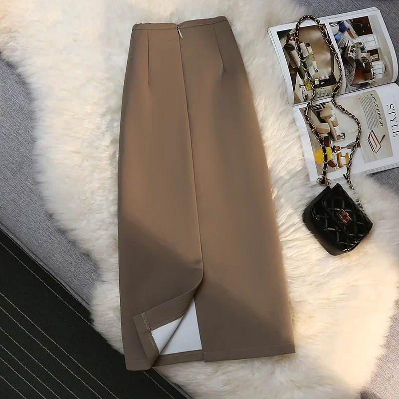 Fashion Elegant Formal Skirts Women Autumn New High Waist Drape Suit Long Brown Skirt Zipper Female 3