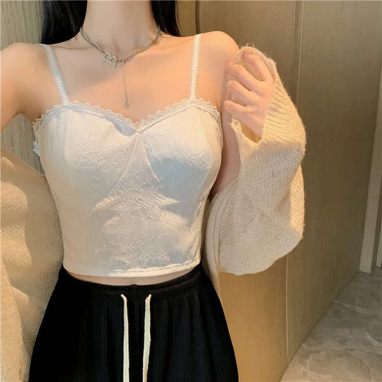 French Lace Suspender Vest Female with Chest Pad Inside Match Outside