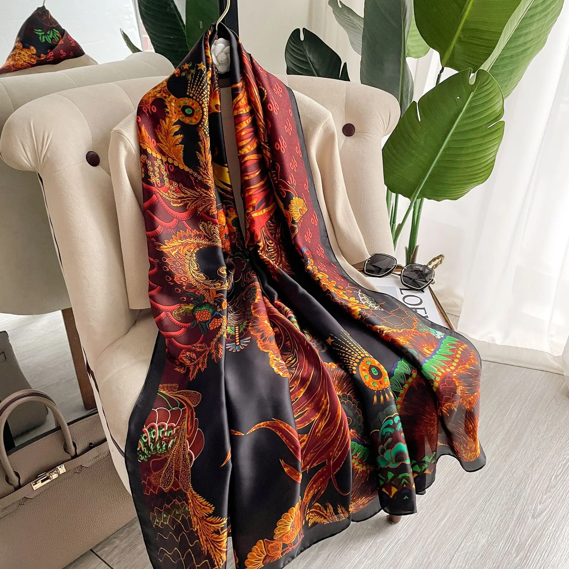 Sb406d11d6df0429db85b9ea41dbe4889i 180x90cm Large Silk Satin Scarf Hijab Women Print Spring New Shawl Wrap Female Hand Foulard Pashmina Mallzona