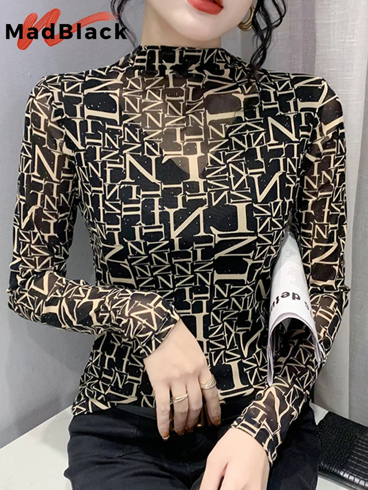 

Madblack Autumn New Letter Mesh T-shirt Printing Stud Half Turtleneck Long-Sleeves Tshirts Women's Tops Bottoming Tess T21403X