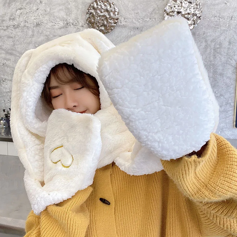 2022 New Fashion Scarf Hat Glove Women Cute Big Ear Bunny Beanie Winter Warm Soft Thickening Pocket Warm Ear Hats Hooded Skullie 4