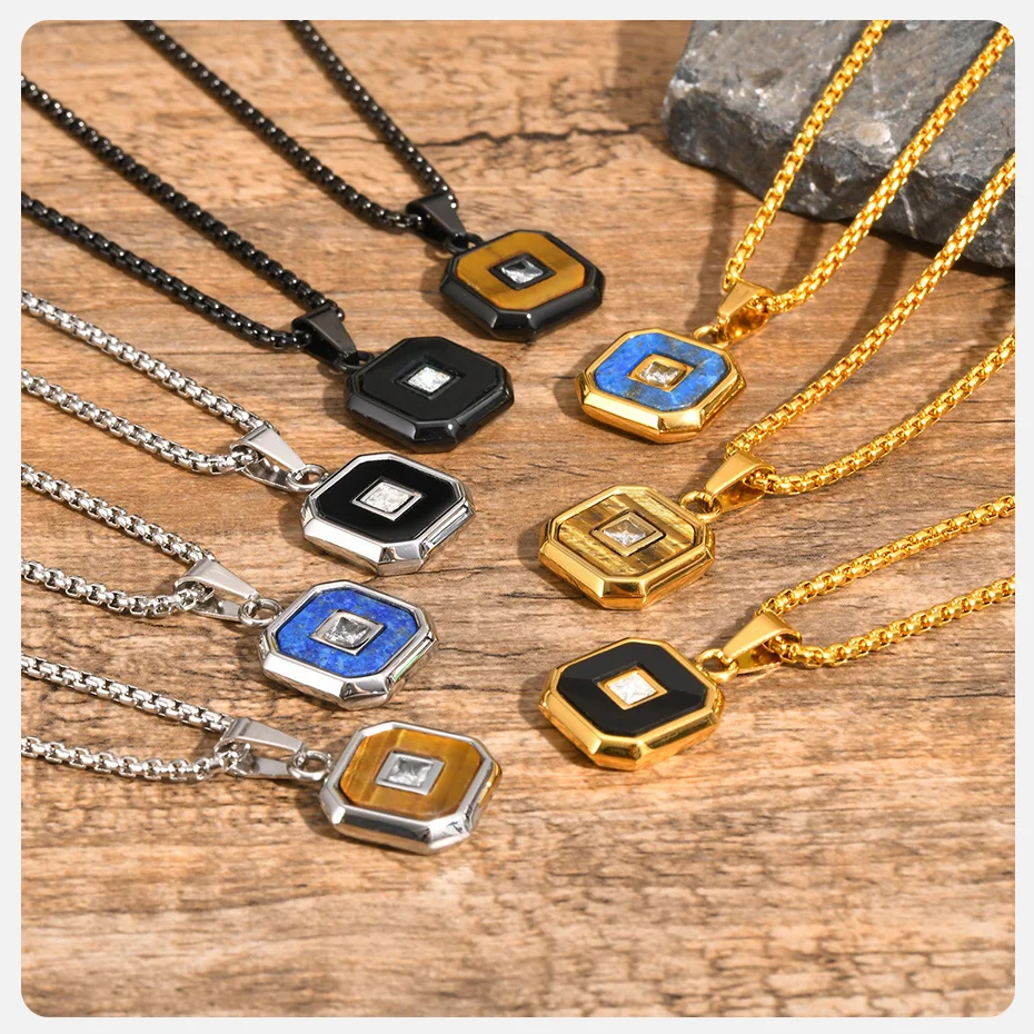 Vnox AAA CZ-Stein-Inlay, quadratische Halsketten, schwarz-silberfarbener Metallanhänger mit Tigerauge-Stein, minimalistischer cooler Schmuck – Detail 16