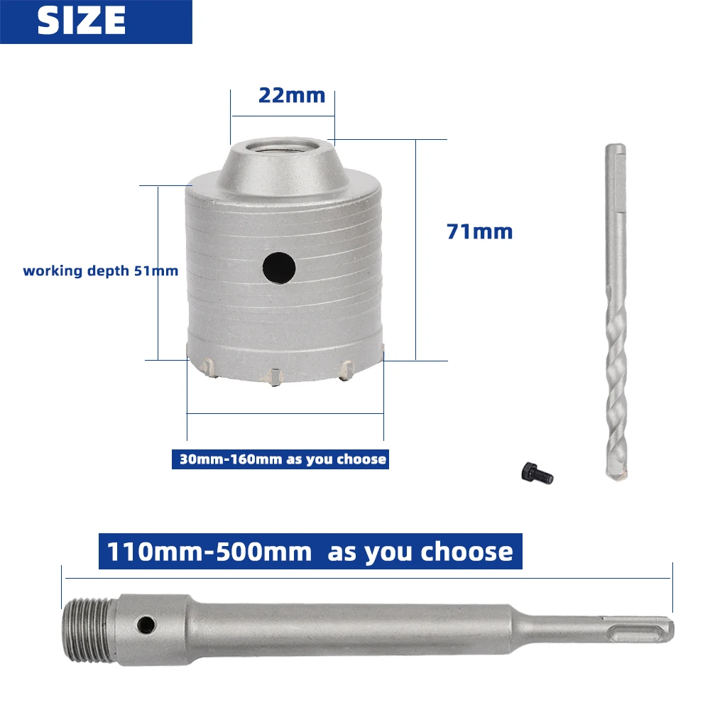 Wall Hole Saw Open Drill Bit 30-500mm Wrench Concrete Cement Brick SDS Hex Shaft 