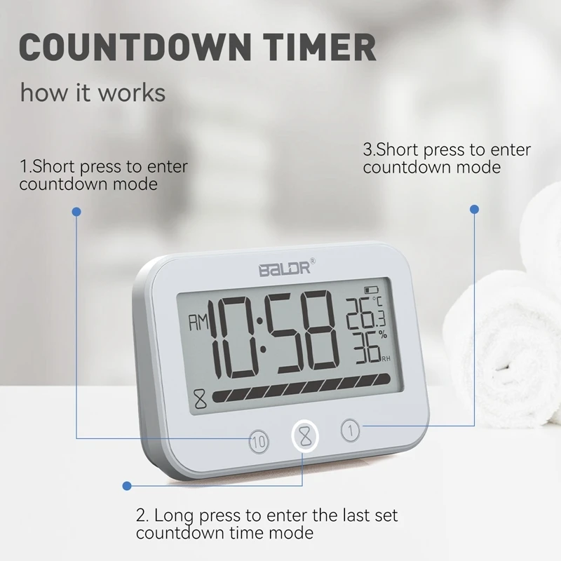 Orologio Da Bagno Digitale Impermeabile IP24 – Con Termometro, Igrometro, Timer, Ventosa, Per Doccia, Cucina, Soggiorno