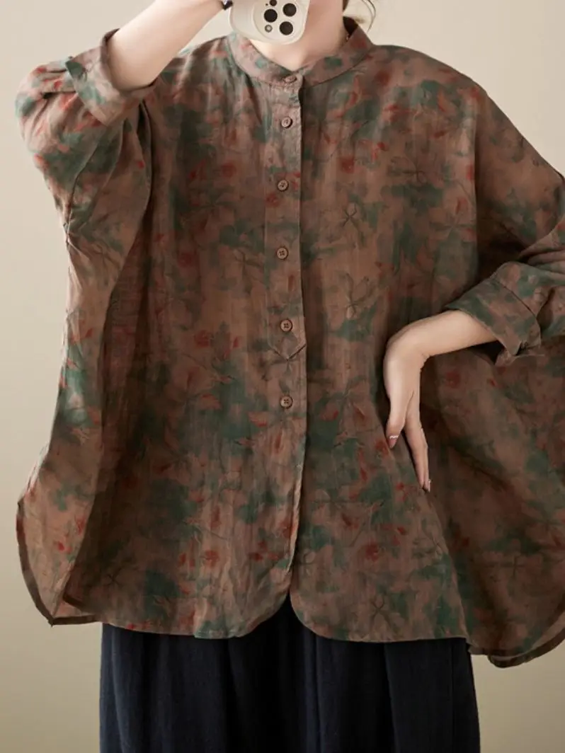 

Ethnic Style Women's Clothing 2023 Spring And Summer New Shirt Literary Print Loose Bat Sleeve Shirt Single Breasted Top Blouses
