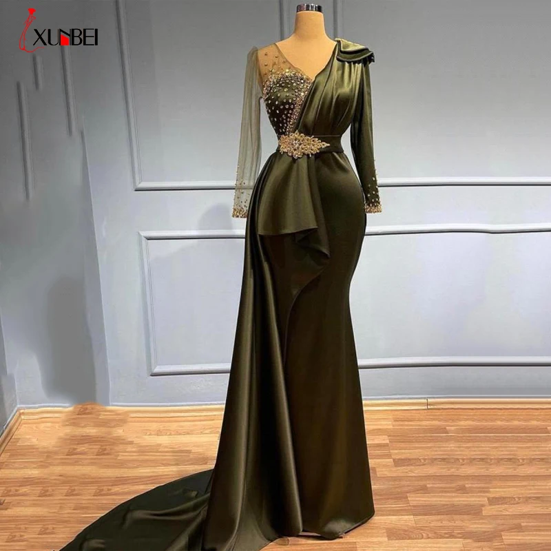 

2022 V Neck Mermaid Evening Formal Dresses With Long Sleeve Lace Illusion Beaded Stain Arabic Aso Ebi African Fishtail Prom Gown