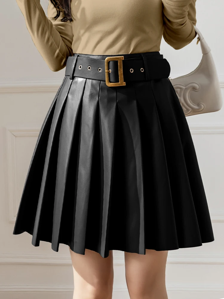 QOERLIN PU Skirts with Belt Zipper Pleated Skirt Faux Leather High Waist A-Line Black Skirts Mini Y2K Loose Casual Vintage Skirt