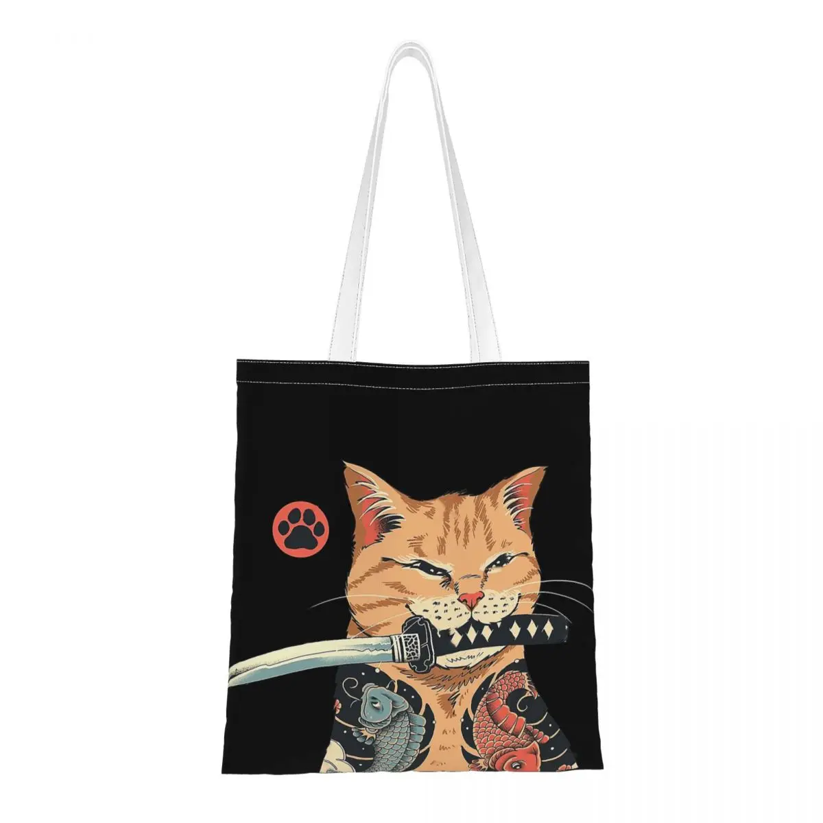 Catana Female Shoulder Bag Japanese Cats Samurai Reusable Shopping Bags Trendy Large Capacity Canvas Tote Bag Casual Canvas Bag