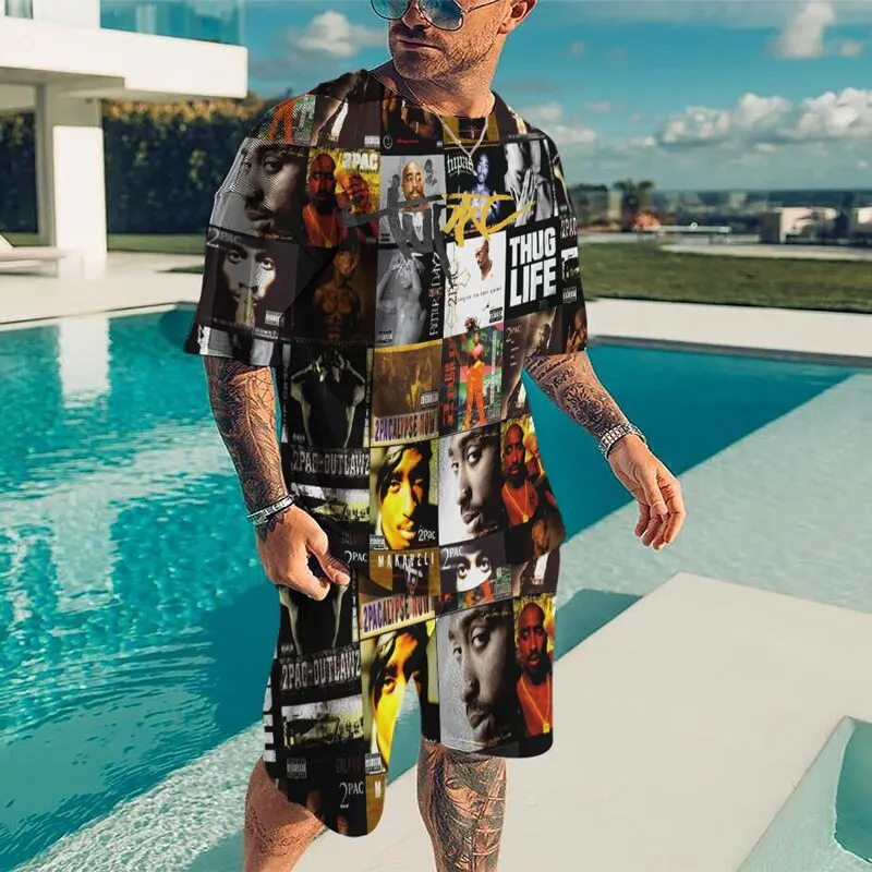 2023 Summer New Fashion Men Trendy Street Tracksuit Domineer Short Sleeve Stitching Pattern O Neck Travel Streetwear Tshirt