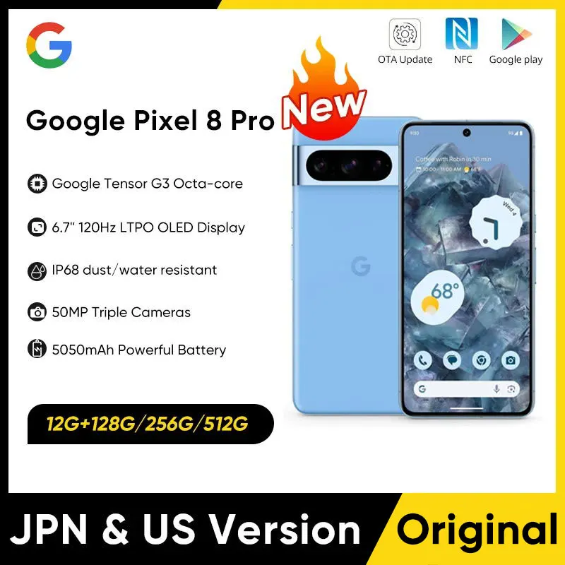 

Google Pixel 8 Pro 5G 8pro Google Tensor G3 12GB 128GB 6.7" NFC Octa Core Android 14 IP68 dust/water resistant 50MP Cameras