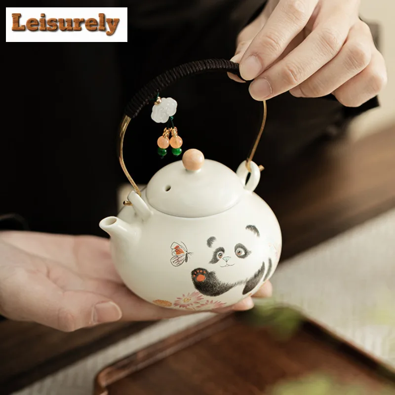 132ML Cream Ding Kiln Panda Play Butterfly Lifting Beam Teapot Boutique Tea Infuser Pot Tea Making Kettle With Strainer Teaset