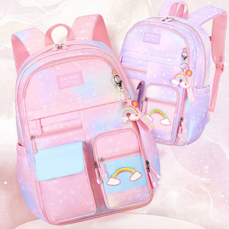 

New Girl Backpack Starry Sky Rainbow Pattern Light and Large Capacity Primary School Students Light And Light Princess Backpack