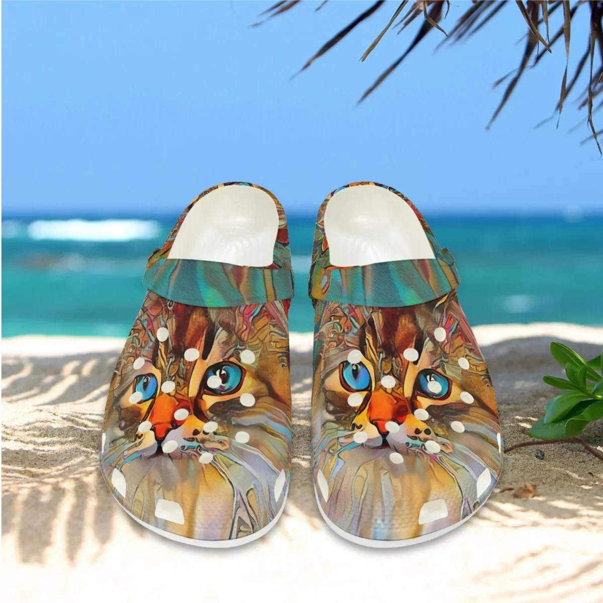 Non-Slip Summer Indoor Hole Slippers Oil Painting Cat Design Unisex Lightweight Sandals Outdoor Slip Beach Flat Clogs Zapatos