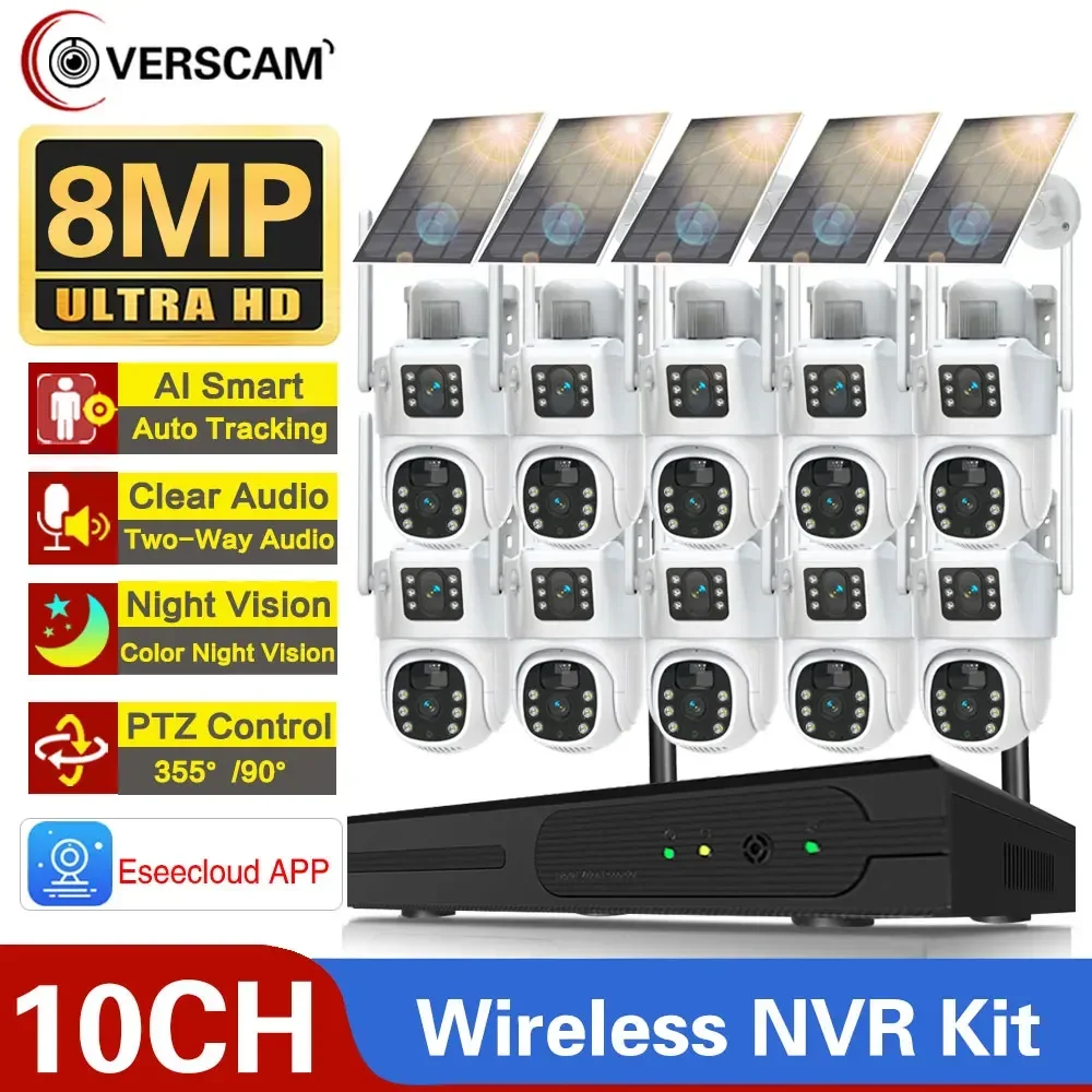 4K Dual Lens Wifi Solar Cctv Camera System 10Ch 5Mp Wireless Nvr Kit 2 Way Audio Ptz Ip Security Camera Kit Di Videosorveglianza