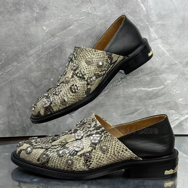 

Metal Rivets Decor Snakeskin Print Men Loafers Fashion Slip On Men Shoes Luxurious Handmade Party Feast Banquet Men Casual Shoes