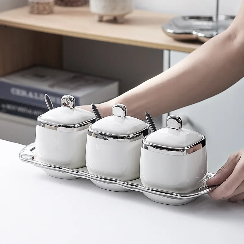 Nordic Light Monosodium Glutamate Seasoning Box Ceramic Kitchen Supplies Household Seasoning Pot with Lid Combination Set