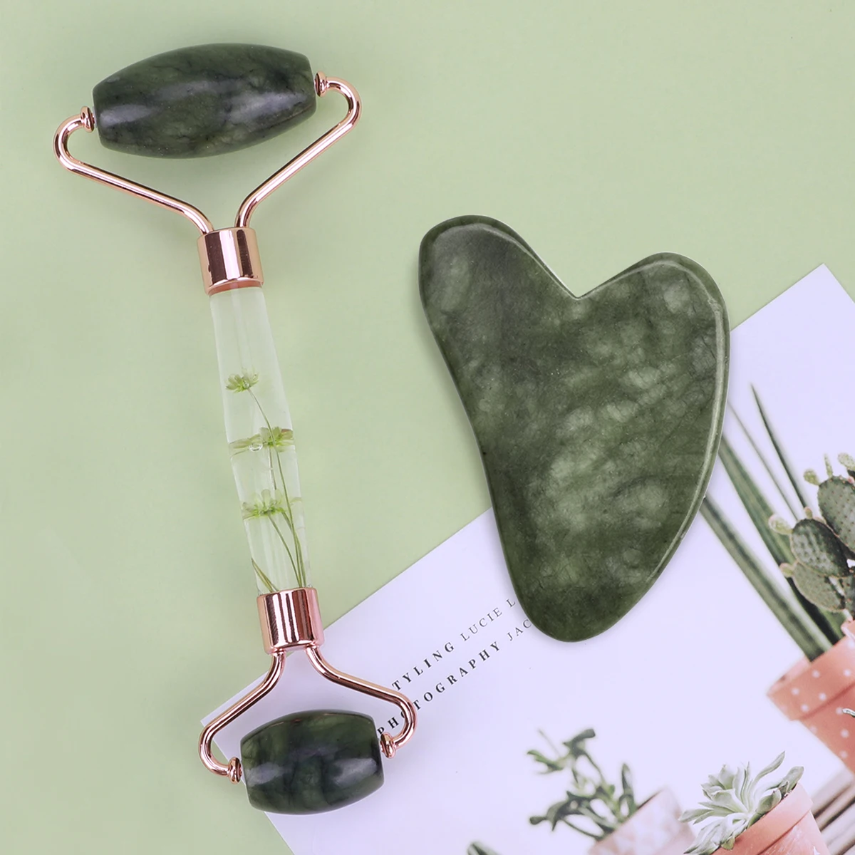 Set de gua sha y rodillo de jade natural para cara, cuello y cuerpo