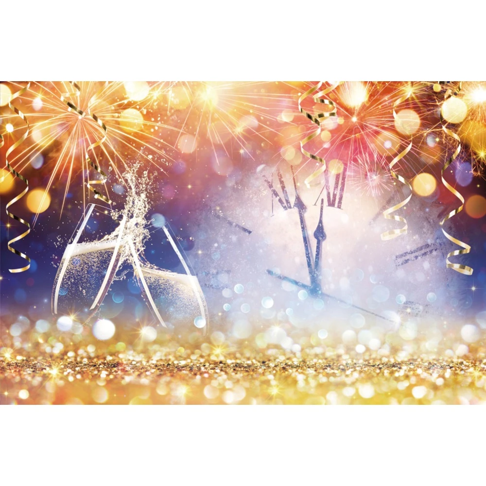 HOWAF Gold Glitter Happy New Year 2024 Banner - Large Party Backdrop With Clock & Fireworks, Photo Background For NYE Decor