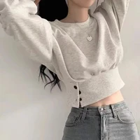 Autumn Women Solid O-Neck Slim Crop Top Lantern Sleeve With Button  Sweat Casual Hip-Hop Sporty Pullover Sweet Chic Street Wear - Image 5