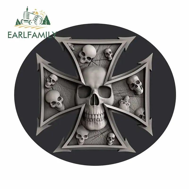 EARLFAMILY 13cm For Iron Cross Skull Motorcycle Car Stickers Campervan Car Accessories Windows Decal Graffiti RV SUV JDM VAN