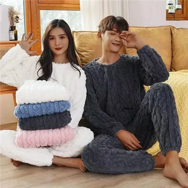 

Autumn Winter Casual Sets Pajamas Flannel Long Soild Warm Women Homewear Velvet Sleeve Thick Sleepwear Pyjamas Coral