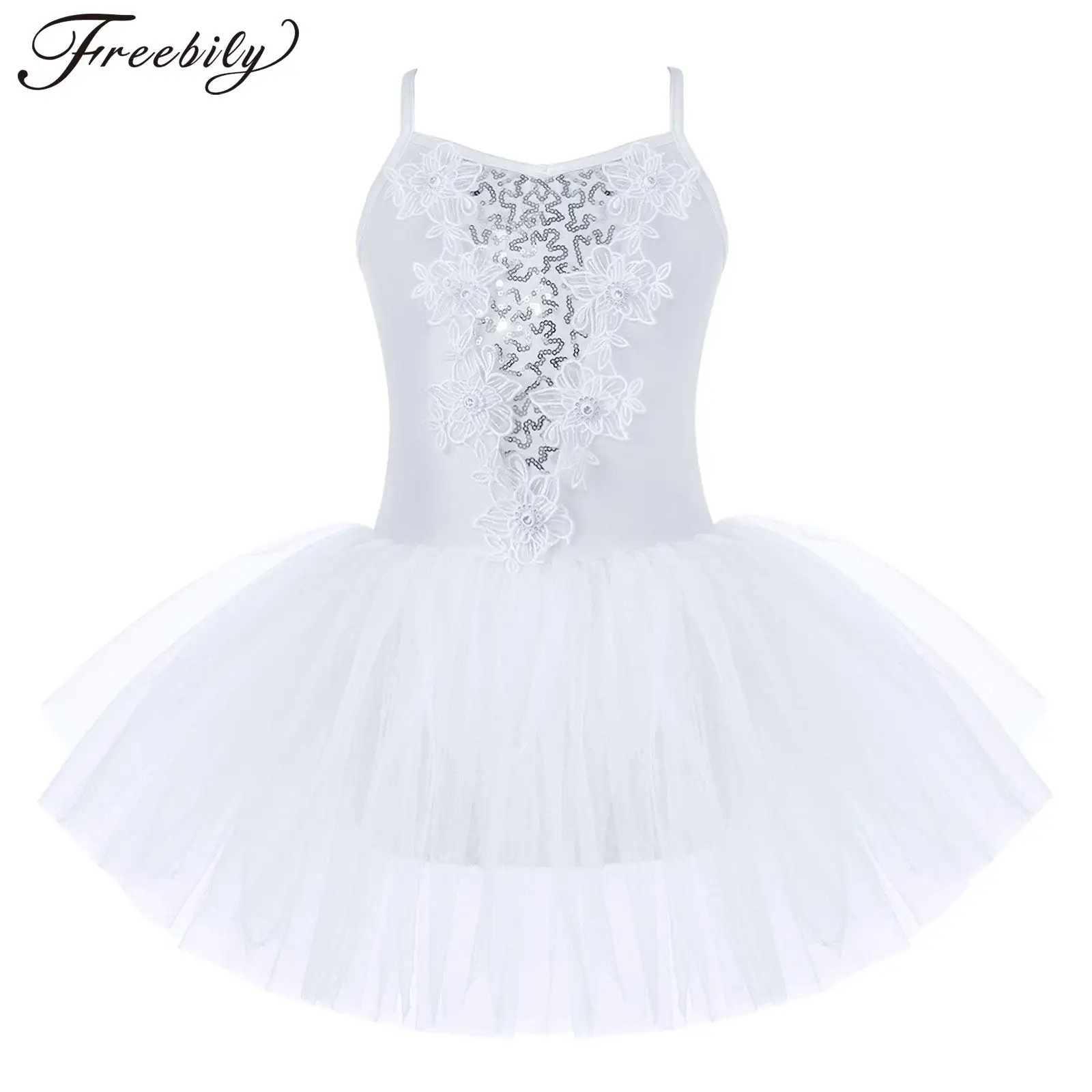 

Kids Girls Ballet Tutu Sleeveless Shiny Sequins Rhinestone Floral Mesh Dance Dress Ballerina Party Stage Performance Dancewear