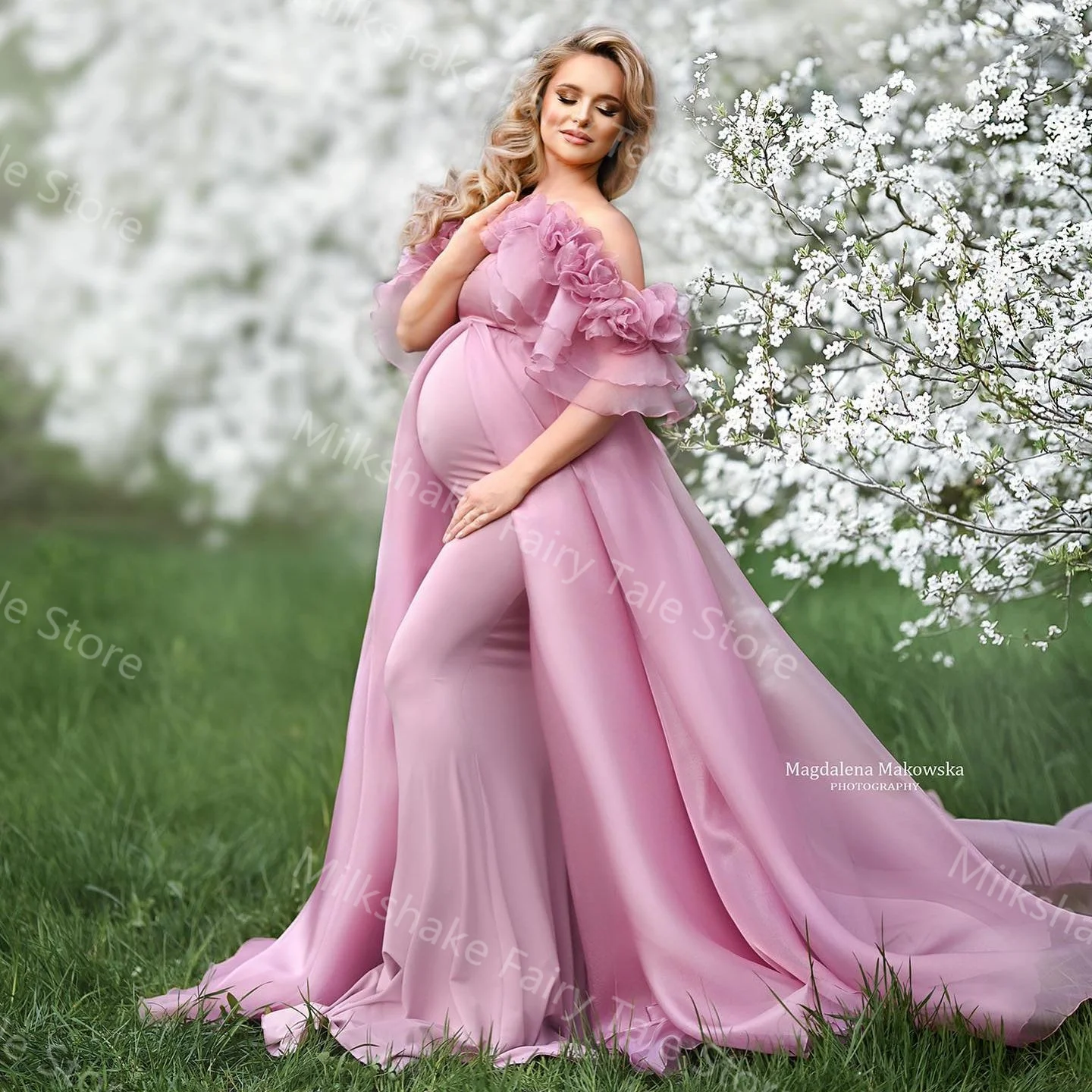 Pink A Line Maternity Robes for Pregnant Women Off Shoulder Ruffles Photography Dresses Sexy Floor Length Baby Shower Gowns