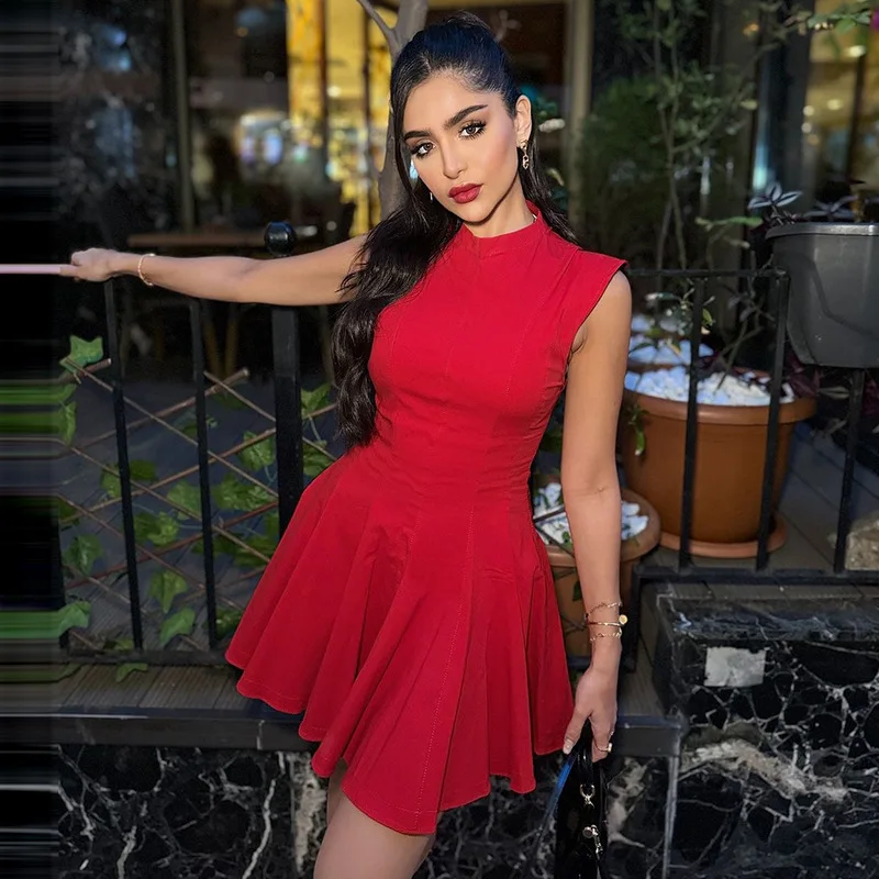 Sleeveless Folds Mini Dress Women's Solid Color High Waist Outfits Half Turtleneck Elegant Club Casual Party Dress A-Line