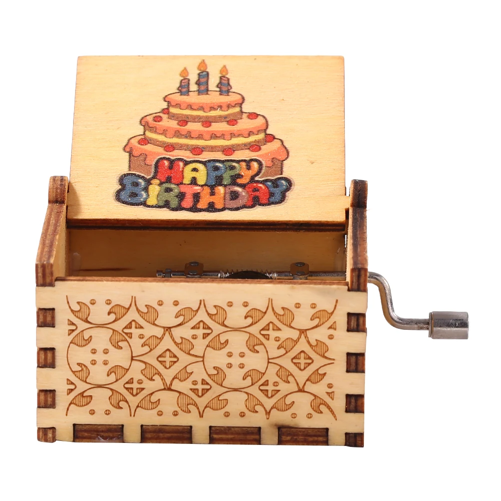 Happy Birthday Musical Ornaments Antique Wooden Engraved Hand Cranked Music Box 6