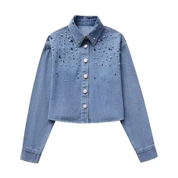 TRAFZA Autumn Women's Retro Shirt Fashion Denim Short Rhinestone Shirt Long Sleeve Pearl Button Casual Shirt Women's Short Top