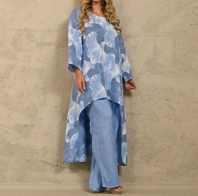 Fashionable Casual Loose Fit Oversized Printed Irregular Clothes and Pants Temperament Girl Set