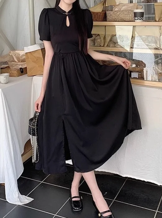 

New Short Sleeved Woman Dress Female Summer High Waist Slim Stand Collar Long Black Chic Simple and Elegant Formal Dress