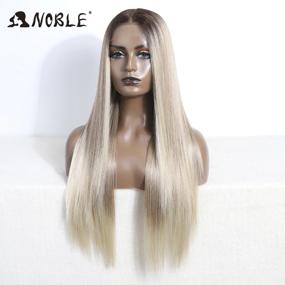 Noble Synthetic Lace Front Wig Lace Part Wig Long 28 Inch Cosplay Blonde Ombre for Women Synthetic