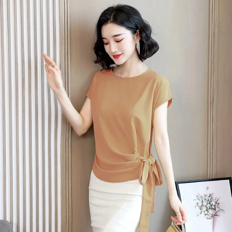 Women's Silk Short-Sleeved Blouse and Tops Green Bow Shirts Women's Clothing Office Lady New Summer 9899