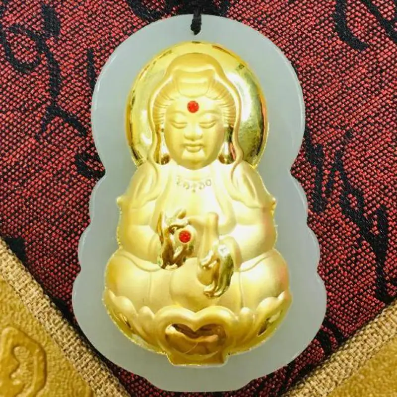 

Ожерелье с подвеской Будды Гуаньинь, инкрустированный нефритом И 24-каратным золотом, для мужчин и женщин, фэн-шуй, нефрит, Гуань, Инь, амулет на удачу