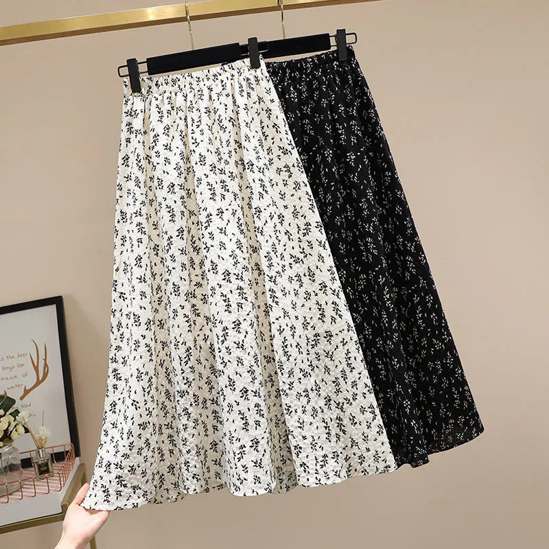 

Vintage Floral Print Long Skirt for Women Summer High Elastic Waist Mid Calf Skirts Female Casual Loose A-Line Skirt