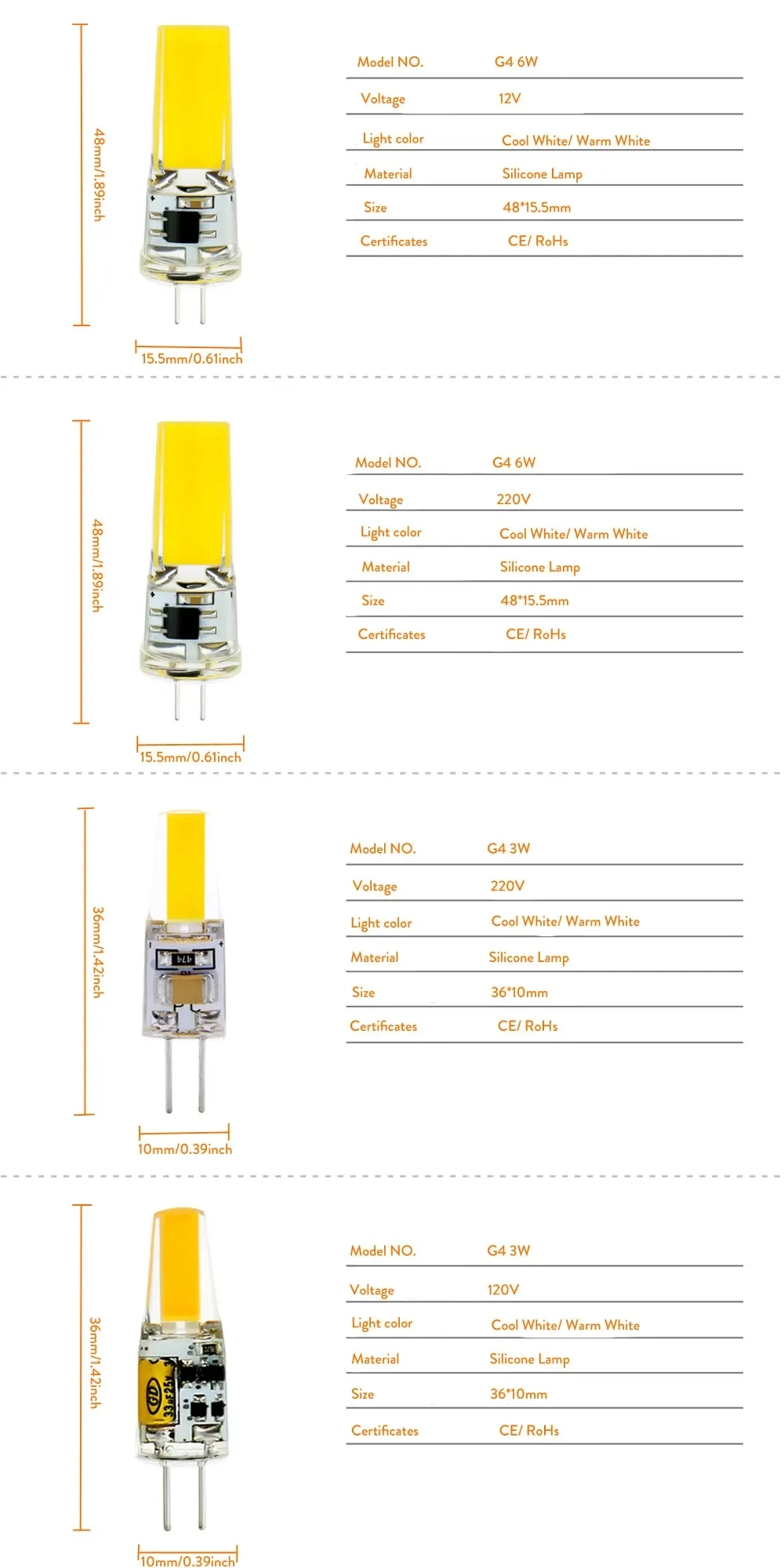 Description Picture 5 of itemG9 G4 Dimmable COB LED Light 12V 220V Mini LED Bulbs 3W 6W COB Lamp Replace Halogen Lamp For Home Spotlight Chandelier Lighting