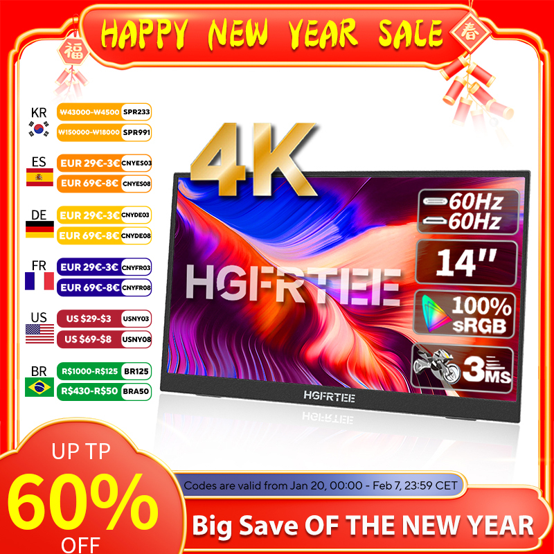 HGFRTEE 14inch 4K Portable Monitor 3840*2160 100%SRGB ADS-IPS Extended Display with Bracket For PC Laptop Phone Switch