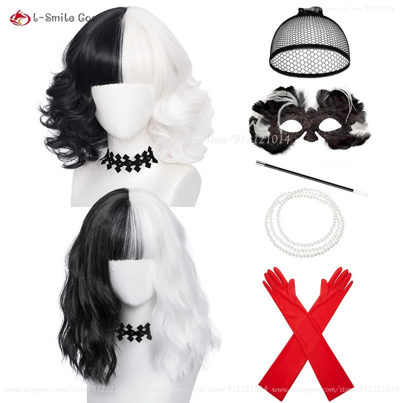 

Anime Cruella De Vil Wig Curly Half Black Half White Wigs Cosplay Women Girls Short Hair Cute Halloween Party Wigs + Wig Cap