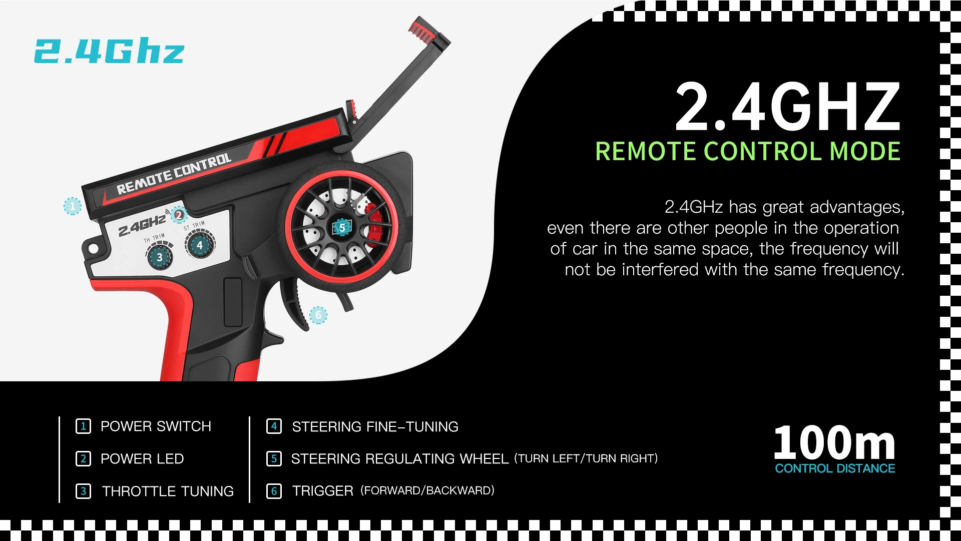 Wltoys 104019 1/10 2.4GHz 4WD Brushless RC Car, The 2.4GHz remote control provides interference-free operation up to 100m, with power switch, LED, throttle/steering tuning, regulating wheel, and trigger for movement.