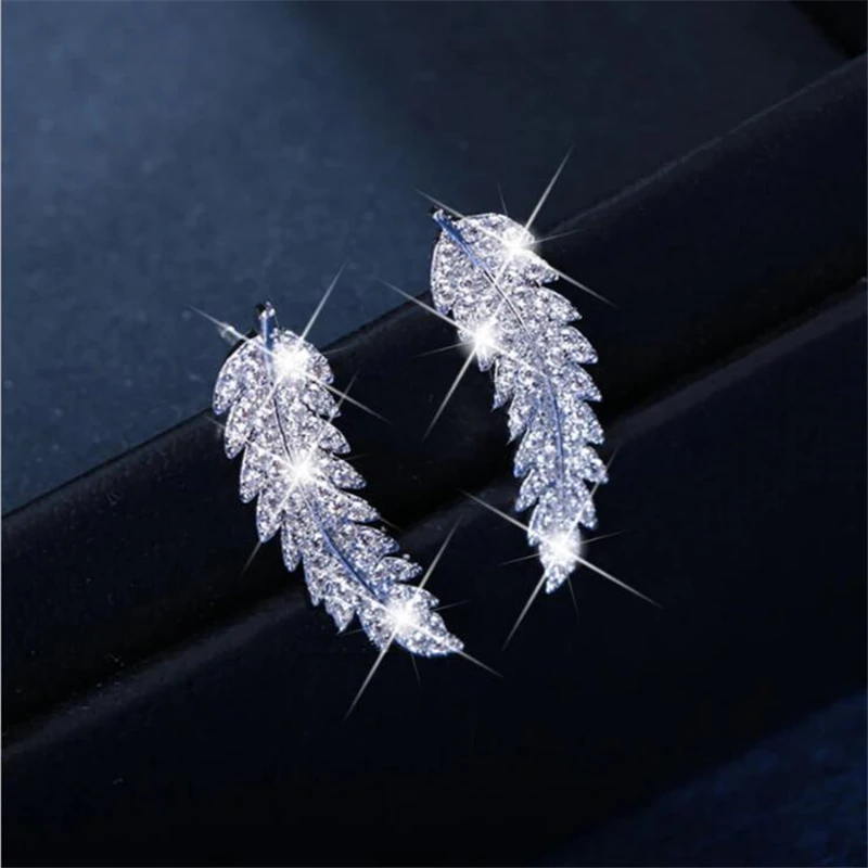 1 Pair Feather Ear Climbers Cuff Earrings Light Luxury Crystal Diamonden Wedding Earrings For Women Jewelry