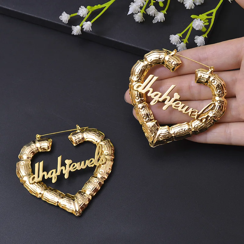 30mm-100mm Bamboo Earrings Customize Name Earrings Custom Hoop Bamboo Style Personality Earrings With Heart-shaped with Gift