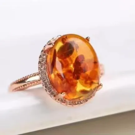 Natural Blue Amber Adjustable Ring - Healing Gemstone Fine Jewelry with Genuine Yellow and Red Baltic Amber