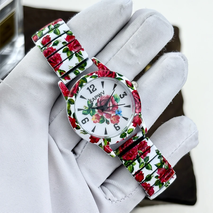 Elegant His and Hers Watch Set with Leaf and Rose Dial Design and Elastic Straps