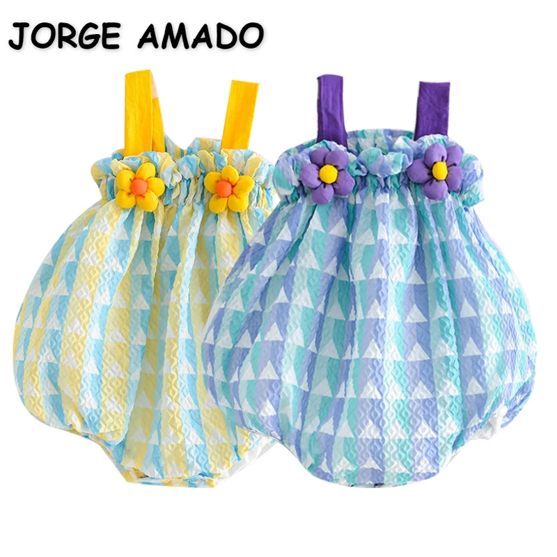 

Korean Style Summer Bodysuit for Baby Girl Square Collar Purple Yellow Sleeveless Sling 3D Flower Jumpsuit Infant Clothes E2197