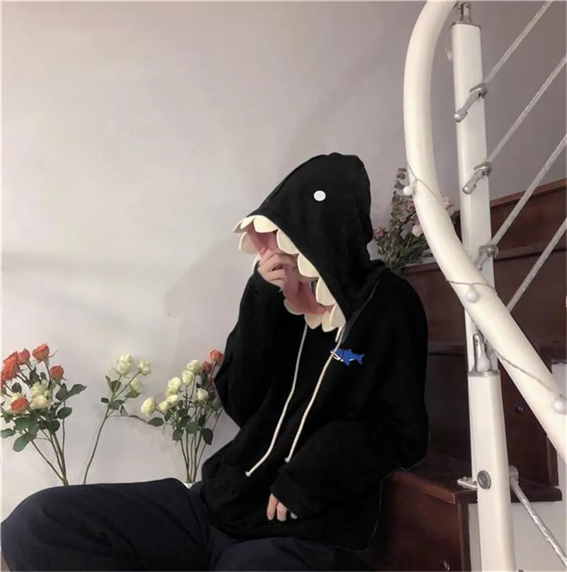 Autumn Solid Shark Patchwork Kawaii Hoodies Man Y2K Sweatshirt Casual Loose Long Sleeve Pullover Funny All Match Male_voghion.com