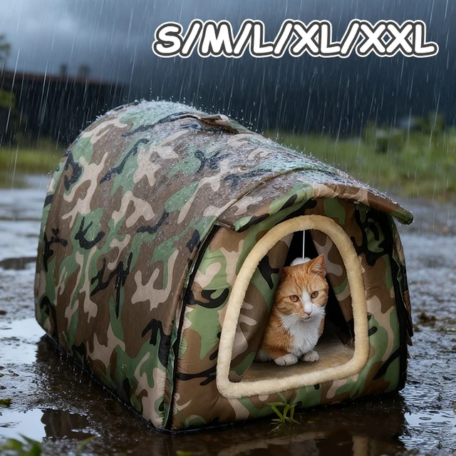 Heavy Duty Oxford Cloth Cat House Winter Waterproof Windproof Outdoor Shelter with Fixing Straps and Plush Mat for Stray Pets