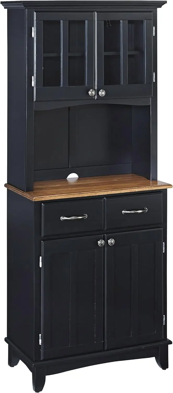 

Black Buffets with Cottage Oak Wood Top, Two Utility Drawers, Two Cabinets, and Hutch with Cabinet Doors and Adjustable Shelf