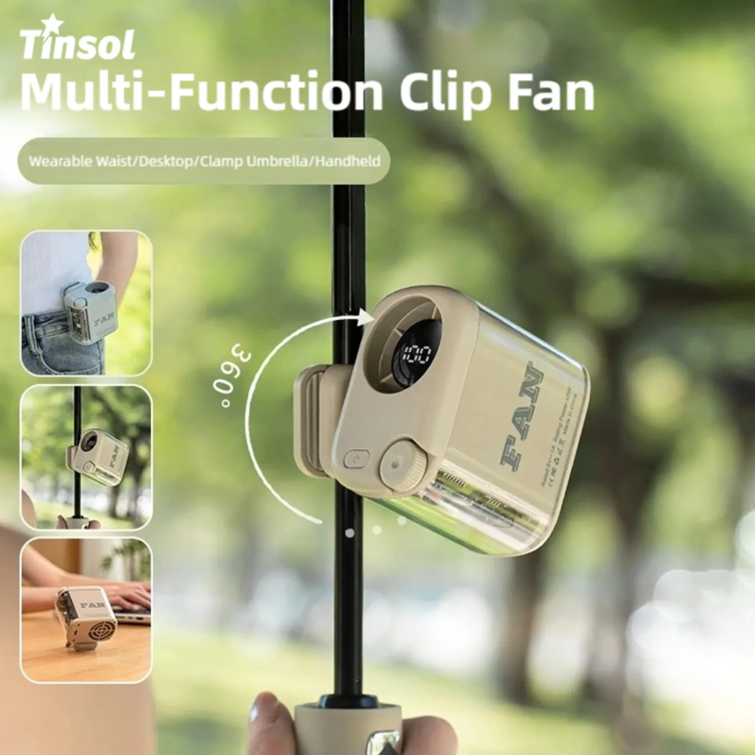 TINSOL 새로운 웨어러블 허리 팬 및 우산 클립온 팬 16000RPM 강력한 휴대용 팬 무단계 제어 디지털 디스플레이 미니 팬
