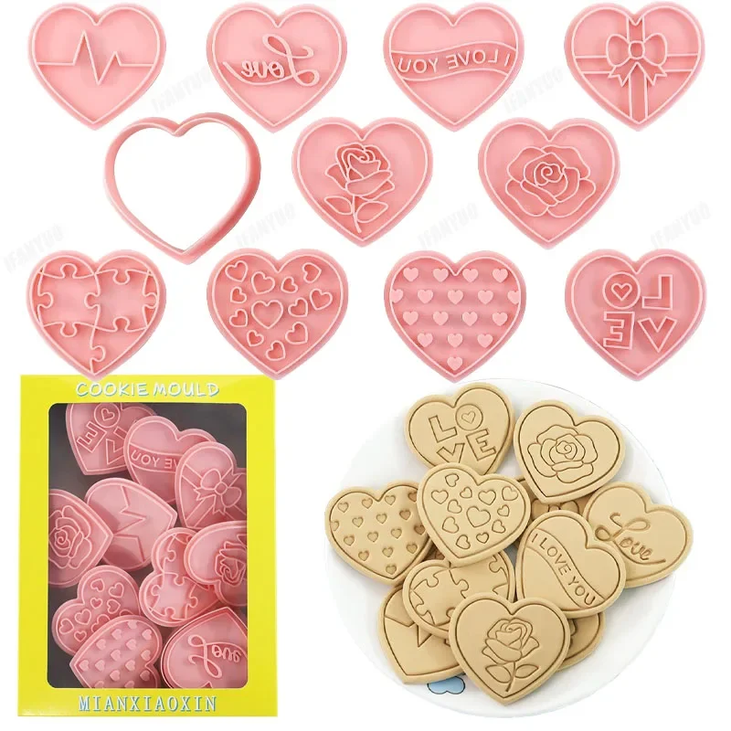 10 Pcs Love Heart Cookie Cutters Set PP Rose Bowknot Pattern Biscuit Pastry Mould for Valentine's Day Press Stamp Embosser Gifts